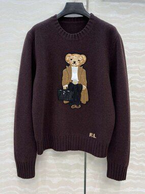 Polo Ralph Lauren Dark Brown Embroidered Dressed Bear Crewneck Knit Sweater